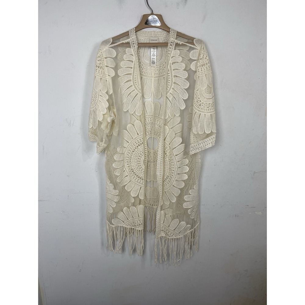 Chicos Womens Cardigan 0 Small Ivory‎ Fairy Festival Southwestern Crochet Boho